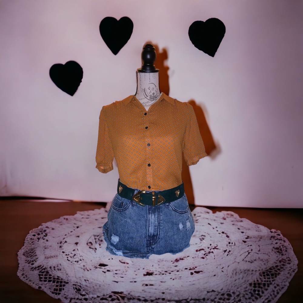 Forever 21 Cognac Rust and White Polka Dot Victorian Inspired Button Up Blouse